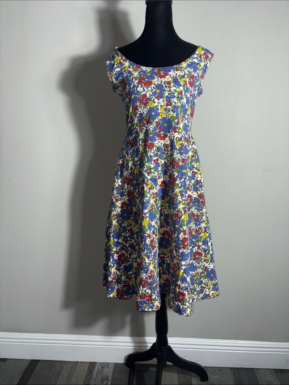 Effie’s Heart Sleeveless Floral Fit-and-Flare Dress in Blue, Red & Yellow